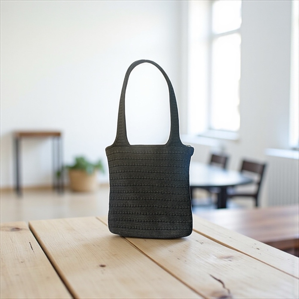 The SAK Handmade Crochet Mini Tote Shoulder Bag | Black | Dual Straps